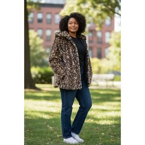 Roamans Leopard Print Faux Fur Hooded Coat Plus Size 34/36 4X‎ Brown Black Zip